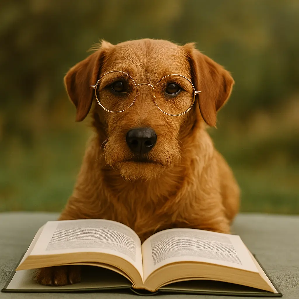 Ein rotbrauner Hund mit runder Lesebrille sitzt aufmerksam vor einem geöffneten Buch – ideales Bild für einen Beitrag über Bücher zur Ernährung von Hund und Katze.