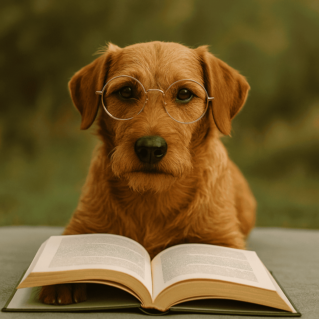 Ein rotbrauner Hund mit runder Lesebrille sitzt aufmerksam vor einem geöffneten Buch – ideales Bild für einen Beitrag über Bücher zur Ernährung von Hund und Katze.