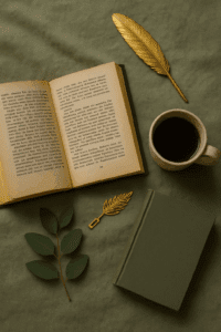 Flaches Stillleben mit offenem Buch, goldener Schreibfeder, grünem Hardcover-Buch, Keramiktasse und Eukalyptuszweig – harmonisches Arrangement zur Darstellung von So findest du deinen Stil als Buchblogger
