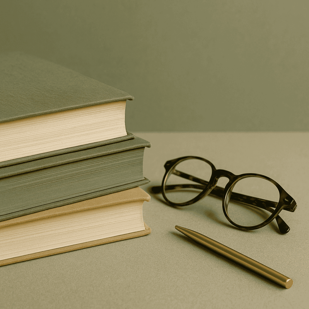 Stilvolle Nahaufnahme von drei Hardcover-Büchern mit Brille und goldfarbenem Stift auf salbeigrünem Hintergrund. Ideal für Buchblog oder BookTok-Artikel über beliebte Tropes.