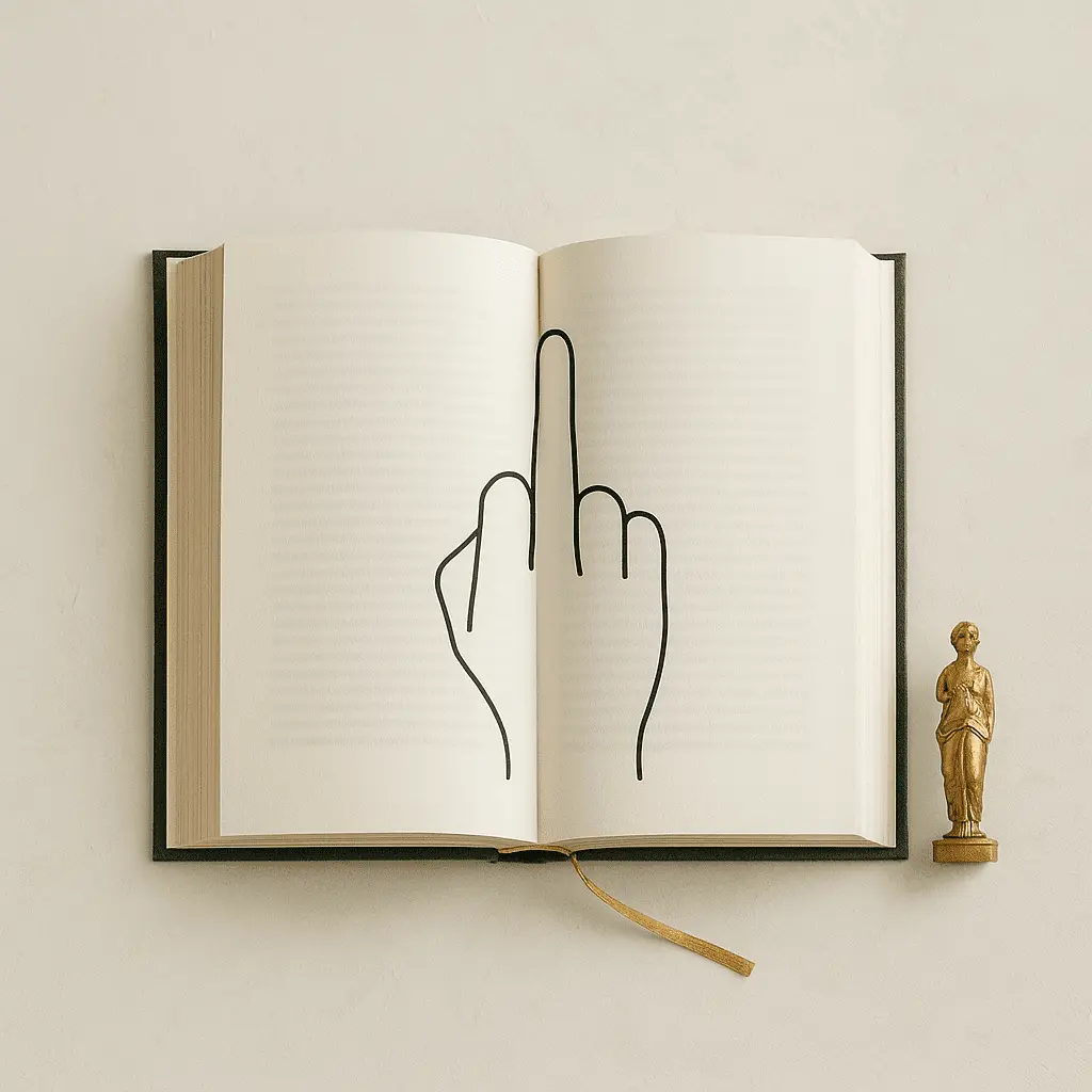 Stilvolles Bild mit aufgeschlagenem Buch, das humorvoll eine stilisierte Mittelfinger-Zeichnung zeigt. Symbolisch für Gelassenheit und Abgrenzung im Sinne des Ratgebers ‚Wo ein Fuck it ist, ist auch ein Weg‘, dekoriert mit goldener Statue.