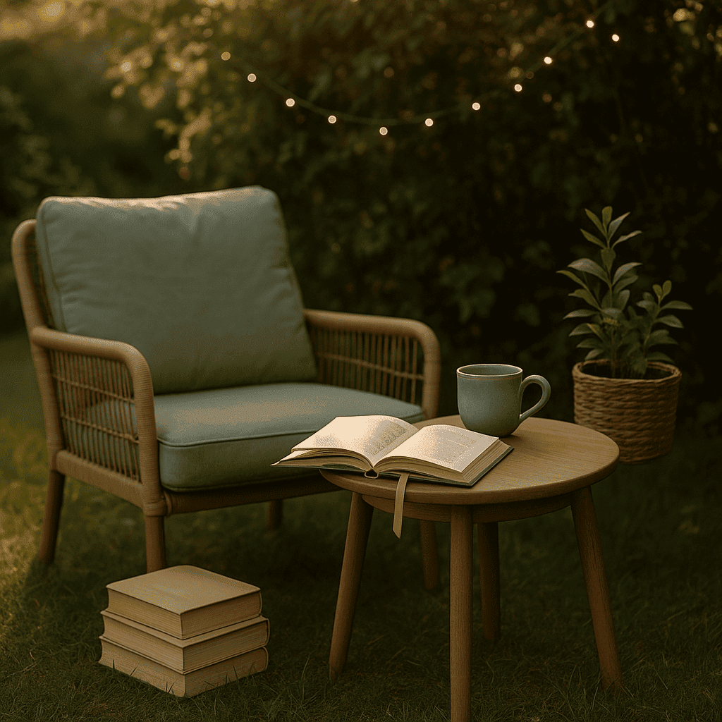 Gemütliche Leseecke im Garten mit Sessel, Büchern und sanftem Licht. Ideal für entspannte Stunden mit passendem Zubehör zum Lesen im Garten.