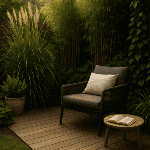 Leseoase im Garten mit natürlichem Sichtschutz aus Bambus, Gräsern und Kletterpflanzen. Ein gemütlicher Loungesessel mit Buch auf Holzdeck in ruhiger, edler Atmosphäre