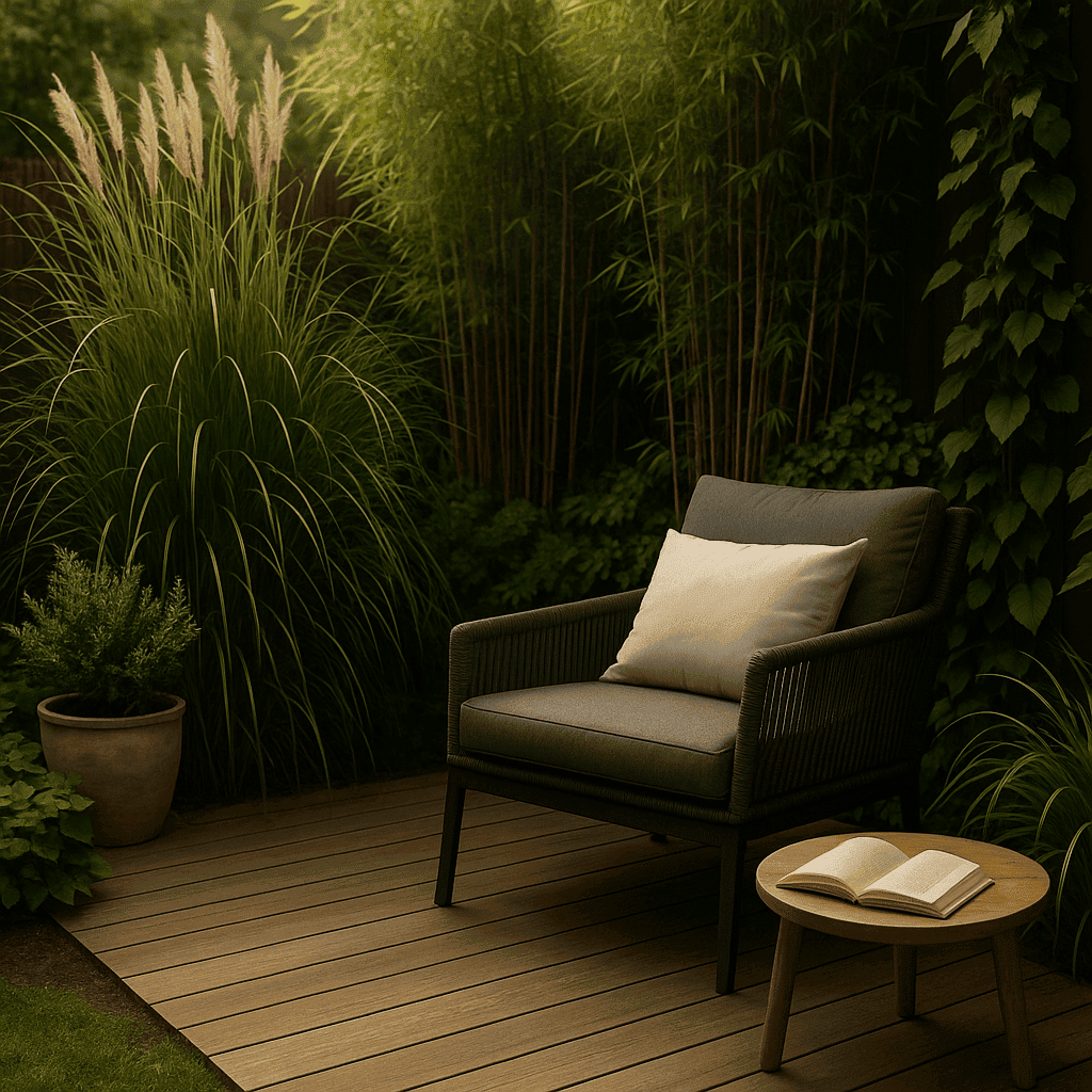 Leseoase im Garten mit natürlichem Sichtschutz aus Bambus, Gräsern und Kletterpflanzen. Ein gemütlicher Loungesessel mit Buch auf Holzdeck in ruhiger, edler Atmosphäre