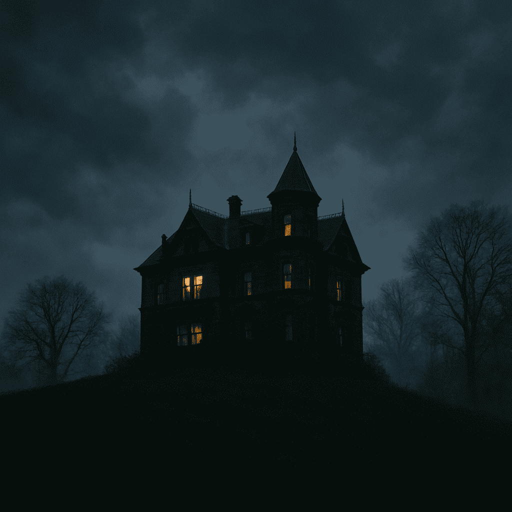 Düstere viktorianische Villa auf einem Hügel bei Nacht, umgeben von Nebel und kahlen Bäumen, einzelne Fenster leuchten geheimnisvoll – stimmungsvolle Szenerie passend zum Dark Romance Roman Haunting Adeline.