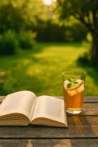 Der Blick einer finanziell unabhängigen Frau in ihren Garten. Entspannt und frei das Lesen bei einem kalten Getränk genießen.