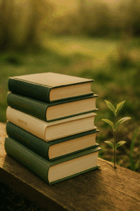 Stapel inspirierender Bücher zur persönlichen Weiterentwicklung und finanziellen Freiheit auf einem Holztisch im Grünen, symbolisch für Wachstum, Klarheit und achtsames Lesen.
