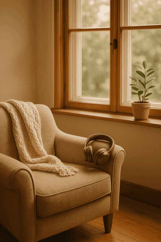Gemütlicher Lesesessel mit Kopfhörern vor einem Fenster – perfekte Atmosphäre für romantische Hörbücher für Frauen, Selfcare und Lesezeit.