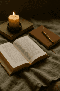 Ein stilles Stillleben mit einem offenen Buch auf weichem, salbeigrünem Leinenstoff. Daneben liegt ein braunes Notizbuch mit goldenem Stift sowie eine brennende Kerze auf einem geschlossenen Buch. Die Szene wirkt ruhig, warm und lädt zum Lesen und Reflektieren ein – ideal für einen Beitrag über Buchempfehlungen und Testleser.
