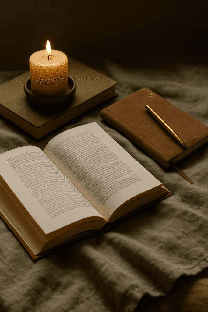 Ein stilles Stillleben mit einem offenen Buch auf weichem, salbeigrünem Leinenstoff. Daneben liegt ein braunes Notizbuch mit goldenem Stift sowie eine brennende Kerze auf einem geschlossenen Buch. Die Szene wirkt ruhig, warm und lädt zum Lesen und Reflektieren ein – ideal für einen Beitrag über Buchempfehlungen und Testleser.