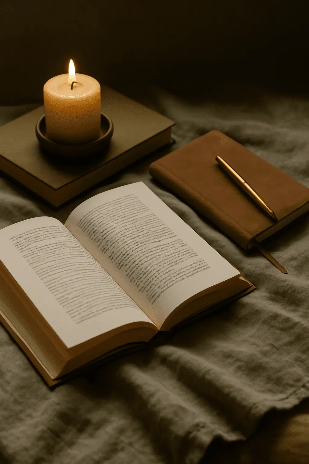 Ein stilles Stillleben mit einem offenen Buch auf weichem, salbeigrünem Leinenstoff. Daneben liegt ein braunes Notizbuch mit goldenem Stift sowie eine brennende Kerze auf einem geschlossenen Buch. Die Szene wirkt ruhig, warm und lädt zum Lesen und Reflektieren ein – ideal für einen Beitrag über Buchempfehlungen und Testleser.