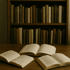 Holztisch mit drei aufgeschlagenen Büchern vor einem Bücherregal – symbolisches Stillleben für den Blogbeitrag „Testleser werden“, ideal zur Darstellung von Lesekompetenz und Buchfeedback.