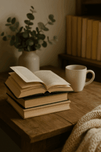 Gemütliche Leseecke mit offenen Büchern, Tasse und Eukalyptus – Symbol für Bloggen über Bücher, Bookstagram und BookTok, um Menschen mit persönlichen Empfehlungen zu erreichen.