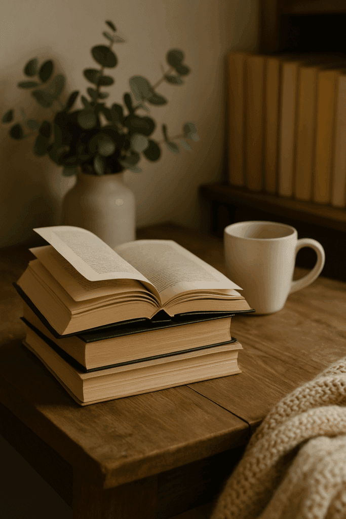 Gemütliche Leseecke mit offenen Büchern, Tasse und Eukalyptus – Symbol für Bloggen über Bücher, Bookstagram und BookTok, um Menschen mit persönlichen Empfehlungen zu erreichen.