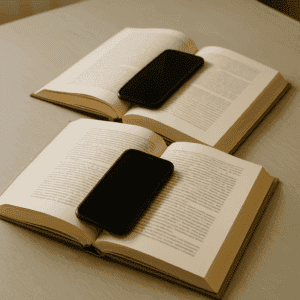 Zwei aufgeschlagene Bücher auf einem hellen Holztisch, in deren Mitte jeweils ein Smartphone liegt. Symbolisch für den Wandel von klassischen Buchclubs hin zum digitalen Austausch über Literatur.