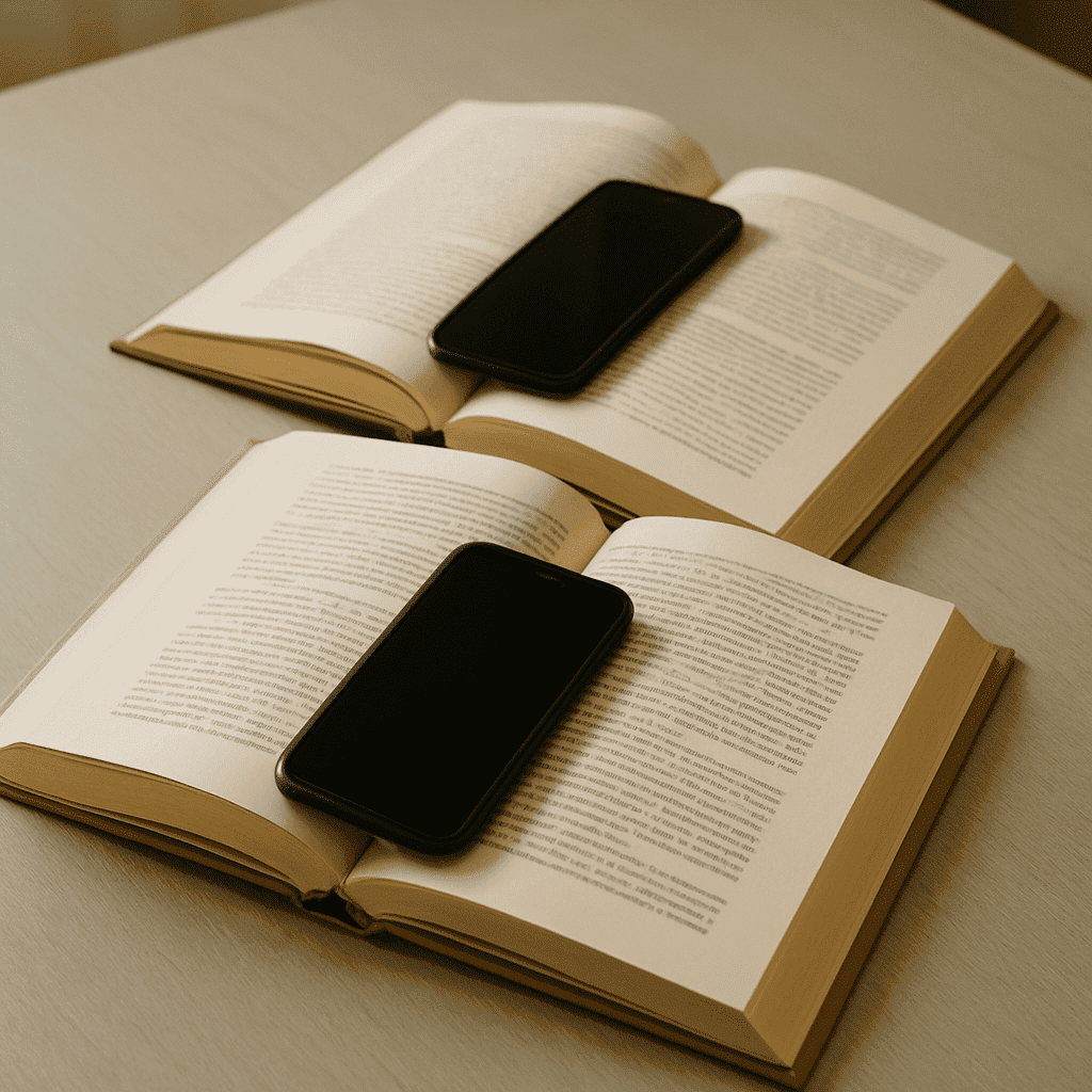 Zwei aufgeschlagene Bücher auf einem hellen Holztisch, in deren Mitte jeweils ein Smartphone liegt. Symbolisch für den Wandel von klassischen Buchclubs hin zum digitalen Austausch über Literatur.