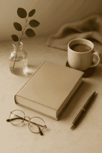 Elegante Buchdekoration auf hellem Marmortisch mit beigem Hardcover-Buch, goldener Lesebrille, Holz-Füller, Kaffeetasse und Glasvase. Ein modernes Arrangement für stilvolle Leseinspiration.