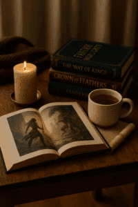 Gemütliche Fantasy-Leseecke mit offenem Buch, dampfender Teetasse, brennender Kerze und stimmungsvoller Beleuchtung. Ein perfektes Stillleben für Fantasy Highlights und Buchliebhaberinnen.