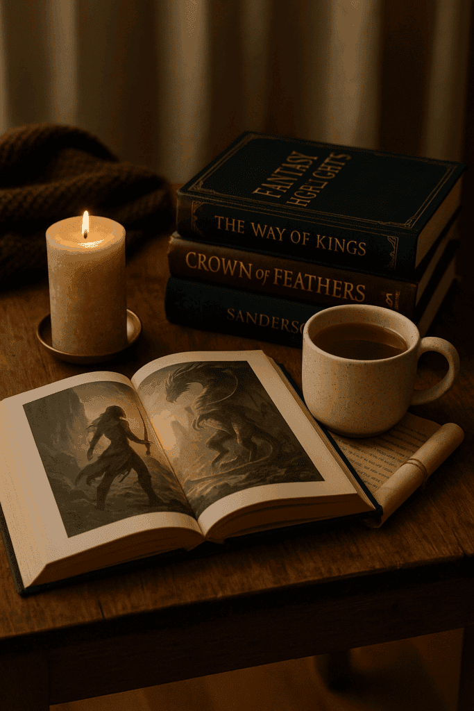 Gemütliche Fantasy-Leseecke mit offenem Buch, dampfender Teetasse, brennender Kerze und stimmungsvoller Beleuchtung. Ein perfektes Stillleben für Fantasy Highlights und Buchliebhaberinnen.