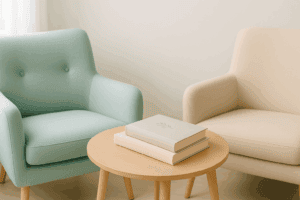 Buchgeschenke unter Freunden, denn man liest selten allein . Ein Sinnbild mit zwei Sesseln und zwei Büchern