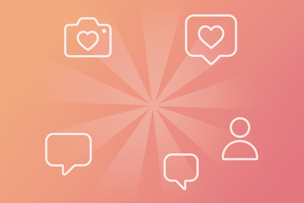 Minimalistisches Beitragsbild mit sanften Orange-Rosa-Farbverläufen und modernen Social-Media-Symbolen (Kamera, Sprechblase, Herz, Profil), stilvoll arrangiert auf hellem Hintergrund – perfekt passend zum Thema „Influencer werden“.