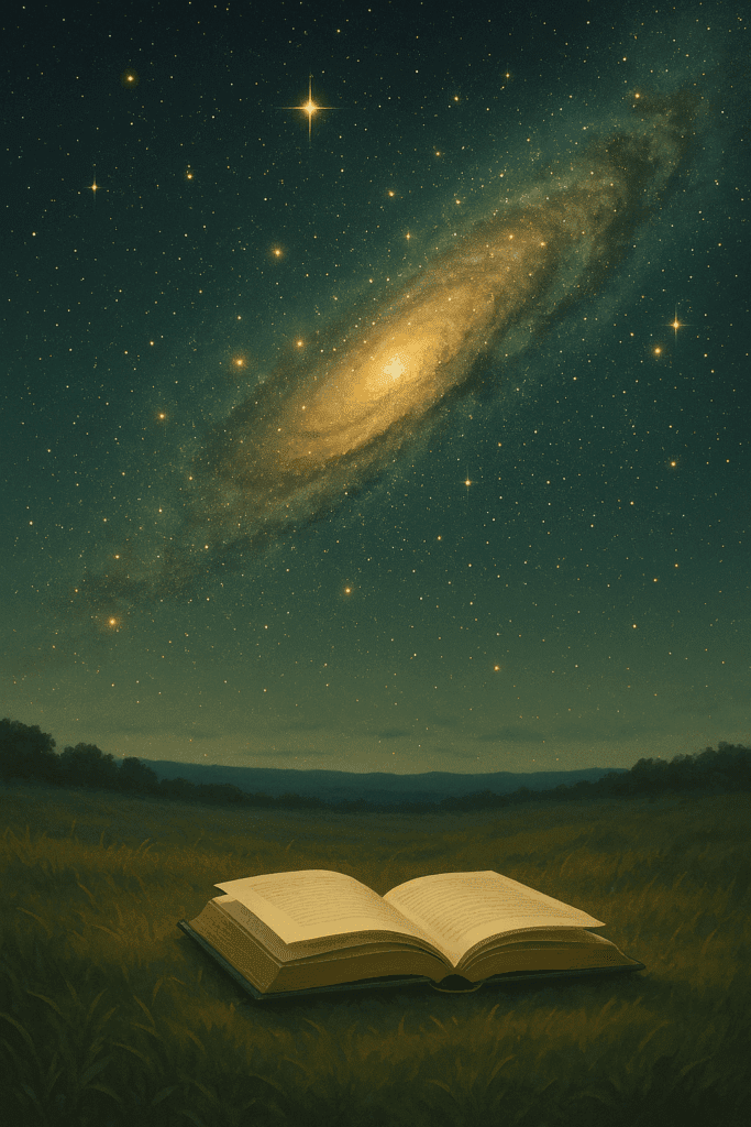 Ein offenes Buch inmitten einer nächtlichen Wiese, darüber ein leuchtendes Galaxienband am klaren Sternenhimmel. Es symbolisiert die grenzenlose Fantasie und Tiefe von Science-Fiction-Literatur.