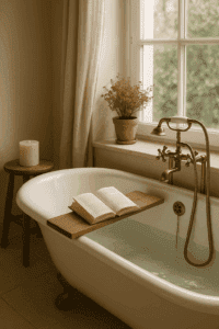 Stimmungsvolles Bad mit geöffnetem Buch auf Holzablage in der Wanne – perfekte Szene für Bücher zur persönlichen Weiterentwicklung und achtsame Lesemomente.
