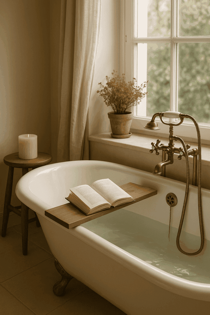 Stimmungsvolles Bad mit geöffnetem Buch auf Holzablage in der Wanne – perfekte Szene für Bücher zur persönlichen Weiterentwicklung und achtsame Lesemomente.