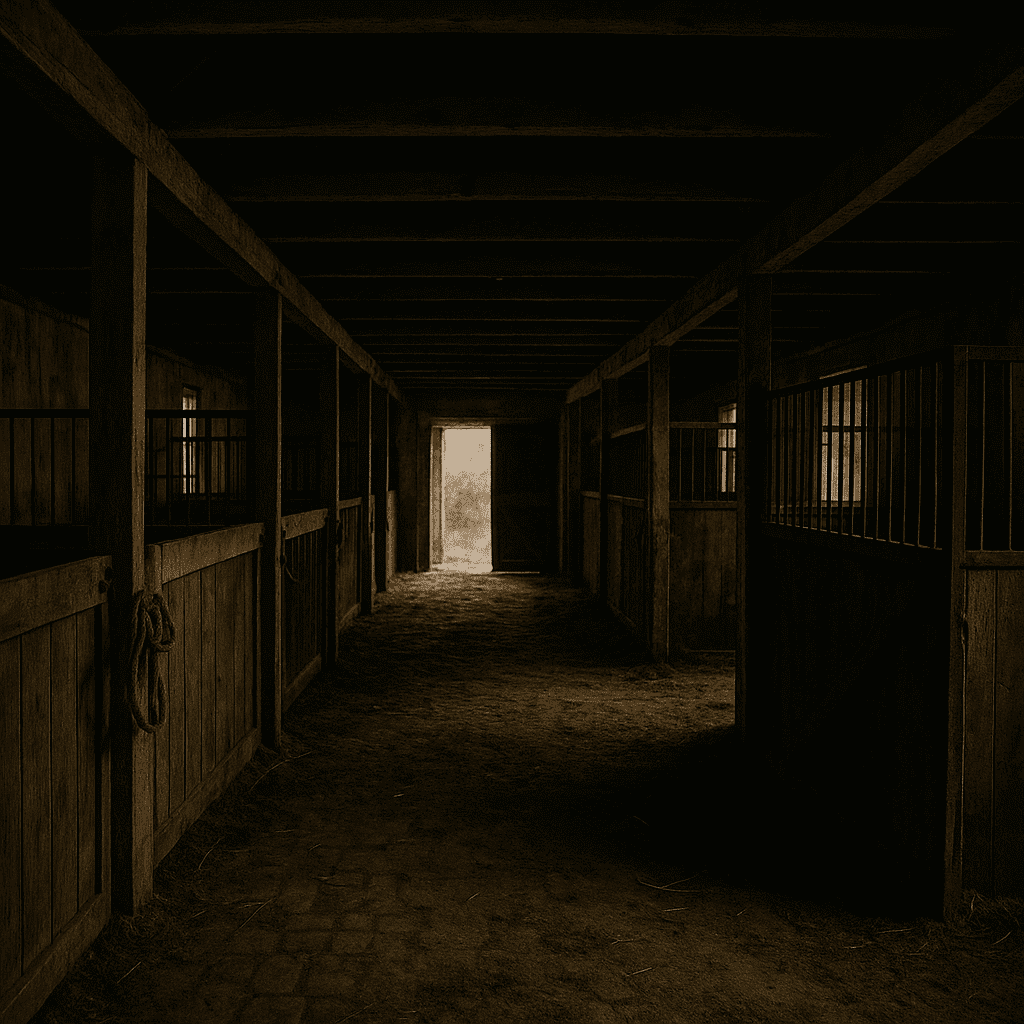 Düstere Stallgasse mit alten Holzboxen und gedämpftem Licht, passend zur Atmosphäre im Dark Romance Spin-off “Where is Molly?”