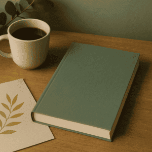 Stimmungsvolles Stillleben mit grünem Buch ohne Titel, Kaffeetasse und goldener Illustration auf Holztisch – symbolisiert Gelassenheit und Selbstfürsorge, passend zur Buchrezension „Am Arsch vorbei geht auch ein Weg“