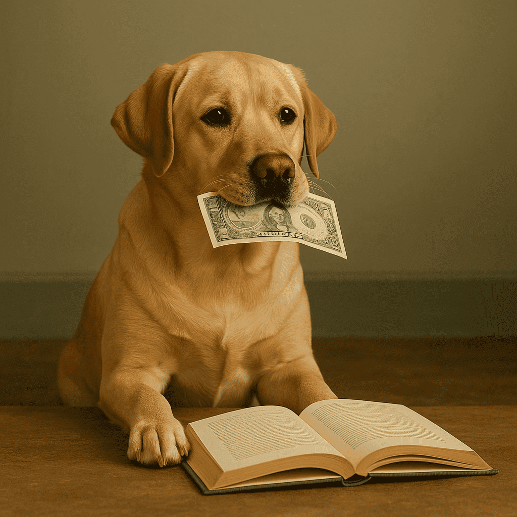 Golden Retriever mit Geldschein im Maul vor aufgeschlagenem Buch – Symbolbild für „Ein Hund namens Money“ und finanzielle Selbstermächtigung für Kinder und Erwachsene