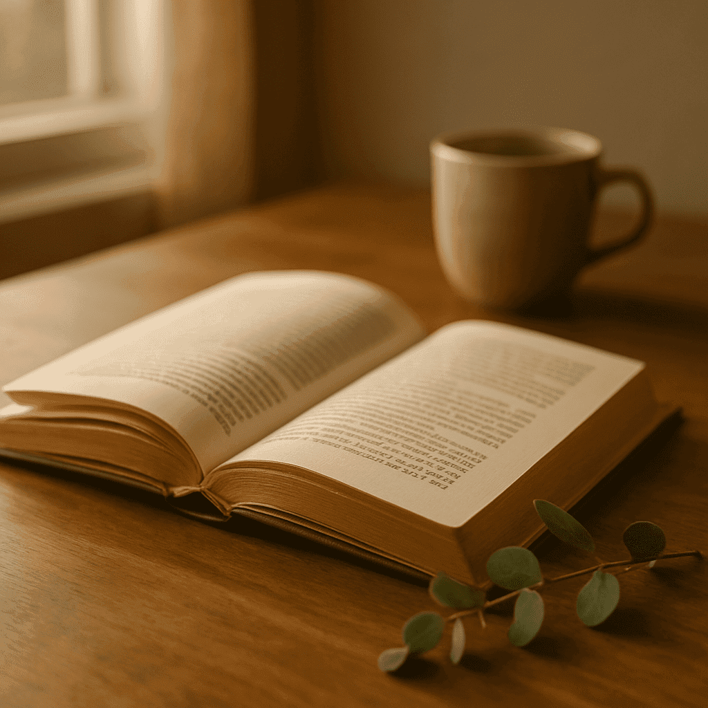 Was macht Sprache mit uns: Aufgeschlagenes Buch mit Goldschnitt auf Holztisch, Eukalyptuszweig und Tasse im warmen Licht als Symbol für achtsame, bewusste Sprache