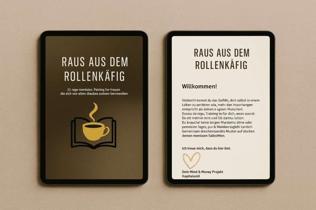 Mockup des Freebies „Raus aus dem Rollenkäfig“ von Kapitelgold: Zwei Tablets zeigen die digitale Titelseite und die Willkommensseite eines 21-Tage-Trainings für Frauen, die sich von alten Glaubenssätzen und Rollenbildern befreien wollen.