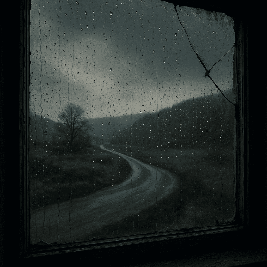 Eine verregnete Landschaft durch ein kaputtes Fenster fotografiert, stellt ein düsteres Thriller-Setting für spannende Thriller Bücher im Blogbeitrag dar