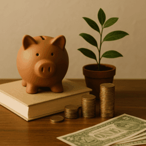 Stillleben mit Terrakotta-Spardose auf einem Buch, gestapelten Goldmünzen, Banknoten und einer kleinen grünen Pflanze – Symbol für finanzielles Wachstum, Vermögensaufbau und finanzielle Freiheit