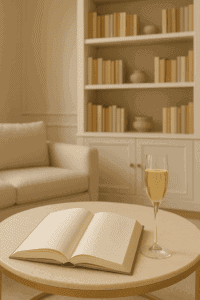Helles, luxuriöses Wohnzimmer mit offenem Buch und Champagnerglas auf dem Tisch – Symbol für Selbstbestimmung, Leseempfehlung und Empowerment durch Biografien starker Frauen.