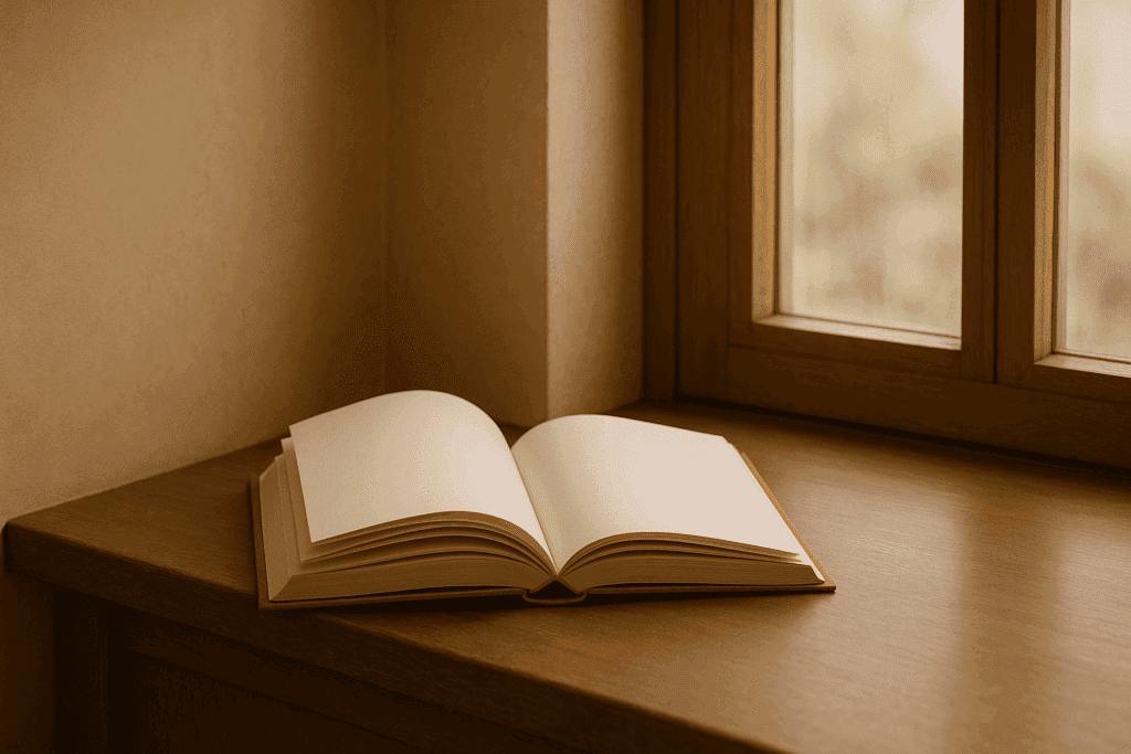 Ein geöffnetes Buch liegt auf einer hölzernen Fensterbank in warmem Licht – Symbol für innere Stärke, Selbstermächtigung und den Weg aus der Scham.