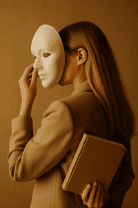 Frau setzt symbolisch eine weiße Maske ab, hält ein neutrales Buch in der Hand – sinnbildlich für Selbstwert, Selbstbestimmung und persönliche Entwicklung im Kontext von Katja Krasavices Biografie