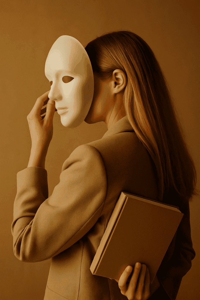 Frau setzt symbolisch eine weiße Maske ab, hält ein neutrales Buch in der Hand – sinnbildlich für Selbstwert, Selbstbestimmung und persönliche Entwicklung im Kontext von Katja Krasavices Biografie