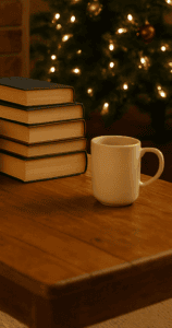 Weihnachtlich dekoriertes Wohnzimmer mit Kamin, aus dem weihnachtliche Strümpfe mit Büchern hervorschauen – stimmungsvolle Geschenkidee für Leserinnen unter dem Weihnachtsbaum.