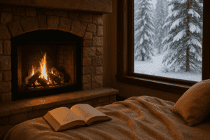 Gemütliches Wohnzimmer mit Kaminfeuer und Blick auf verschneiten Winterwald – perfekte Kulisse für romantische Weihnachtsbücher und kuschelige Lesestunden