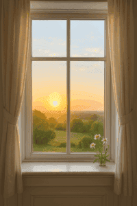 Fotorealistischer Blick durch ein Fenster auf einen Sonnenaufgang im Frühling – Symbol für Neuanfang, persönliche Entwicklung und weibliche Selbstermächtigung.