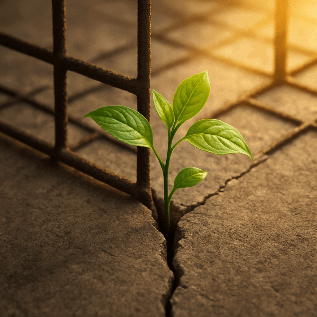 Eine grüne Pflanze wächst durch einen Riss im Beton und ein rostiges Gitter, symbolisch für persönliche Weiterentwicklung, Selbstbestimmung und innere Stärke