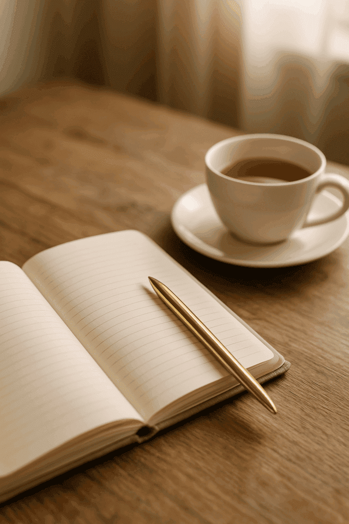 Offenes Notizbuch mit goldenem Stift auf rustikalem Holztisch neben einer Tasse Tee – Sinnbild für mentale Klarheit und persönliches Money Mindset Training für Frauen.