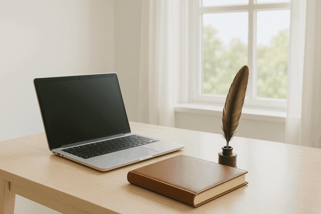 Helles, modernes Schreibzimmer mit Holzschreibtisch, Notebook, edlem Notizbuch und Schreibfeder vor einem großen Fenster – inspirierender Arbeitsplatz für Autorinnen im Selfpublishing oder Verlag.