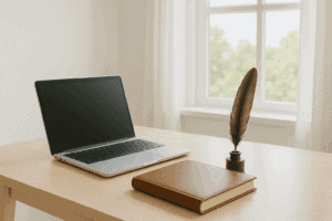 Helles, modernes Schreibzimmer mit Holzschreibtisch, Notebook, edlem Notizbuch und Schreibfeder vor einem großen Fenster – inspirierender Arbeitsplatz für Autorinnen im Selfpublishing oder Verlag.