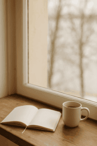 Ein offenes Notizbuch und eine Tasse Tee auf einer Holzfensterbank mit Blick auf eine ruhige Winterlandschaft – Symbol für Visionen, Achtsamkeit und den Jahresanfang. Perfektes Beitragsbild für den Blogartikel Zwischen Ruhe und Aufbruch – Warum Januar kein Monat für Leistung, sondern für Visionen ist.