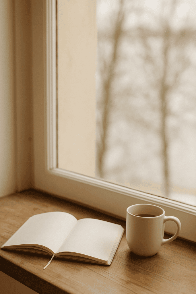 Ein offenes Notizbuch und eine Tasse Tee auf einer Holzfensterbank mit Blick auf eine ruhige Winterlandschaft – Symbol für Visionen, Achtsamkeit und den Jahresanfang. Perfektes Beitragsbild für den Blogartikel Zwischen Ruhe und Aufbruch – Warum Januar kein Monat für Leistung, sondern für Visionen ist.