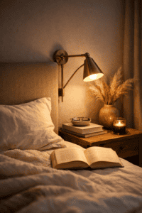 Cozy Bett mit weicher Bettwäsche und offenem Buch, daneben eine warme Leselampe auf dem Nachttisch, die sanftes Licht für entspanntes Lesen im Bett spendet.