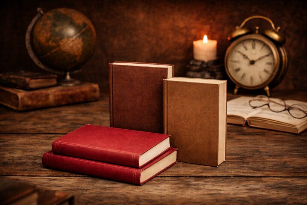 Stimmungsvolles, fotorealistisches Stillleben mit wenigen schlichten Büchern ohne Beschriftung auf einem Holztisch, im Hintergrund eine alte Weltkugel, eine Uhr und warmes Kerzenlicht – Symbol für Wissen, Zeit und gedankliche Veränderung.